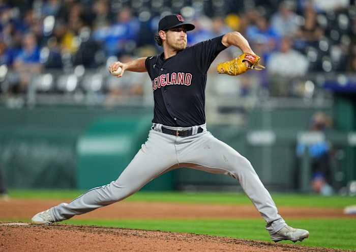 Sep 6, 2022; Kansas City, Missouri, USA; Cleveland Guardians starting pitcher Shane Bieber (57) pitches against the Kansas City Royals during the eighth inning at Kauffman Stadium. Mandatory Credit: Jay Biggerstaff-USA TODAY Sports